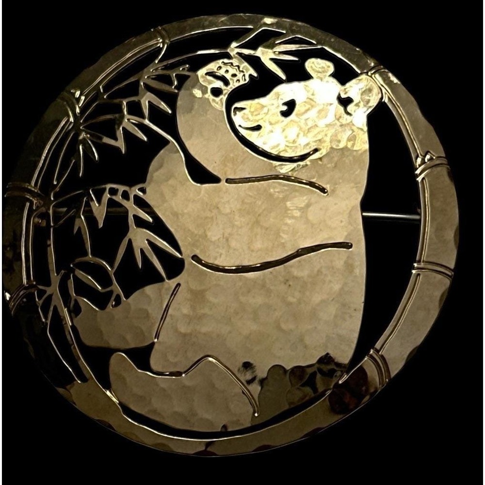 Pin Brooch Wild Bryde Panda Round Vintage Gold Tone 2"